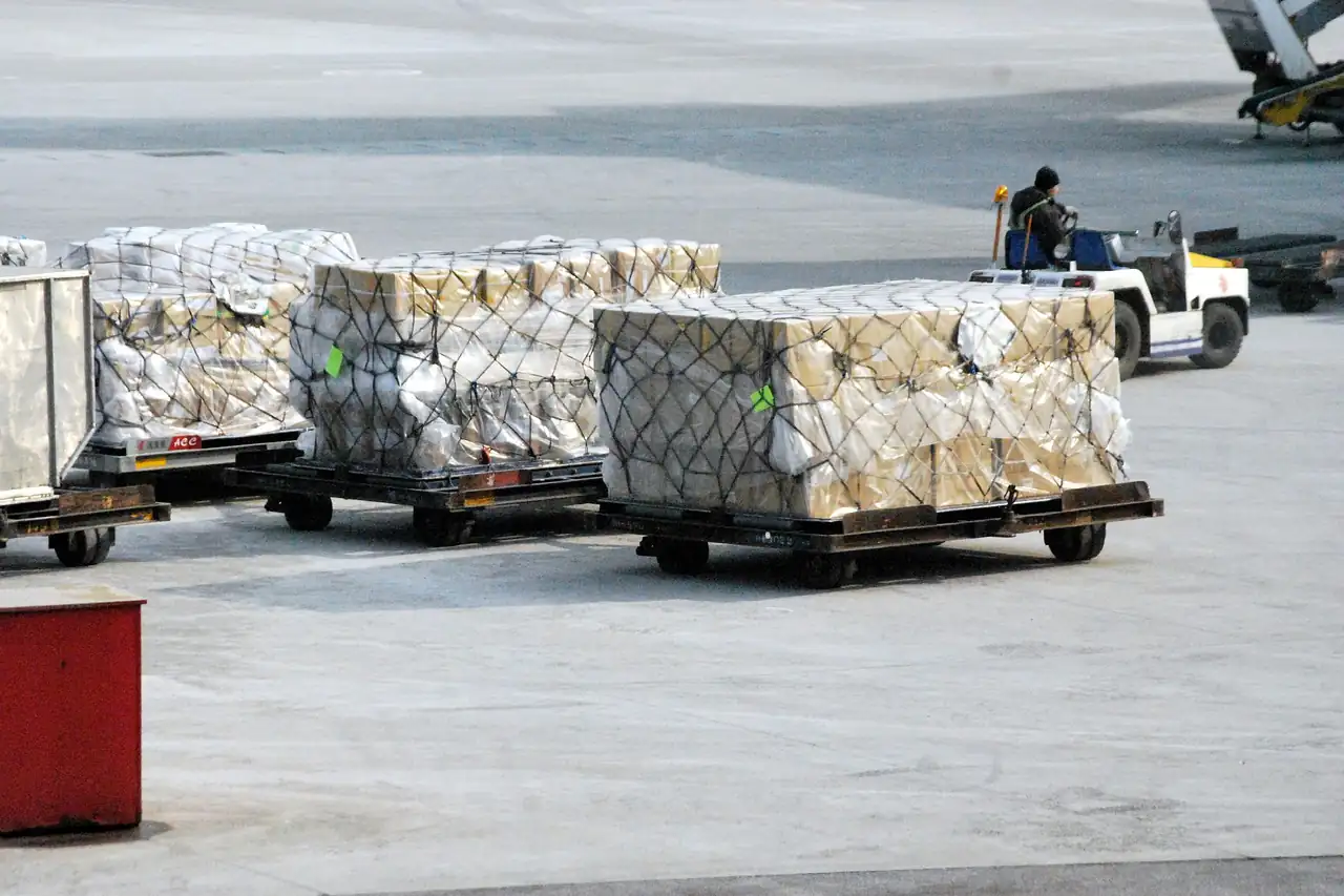 Air cargo pallets on dollies at an airport
