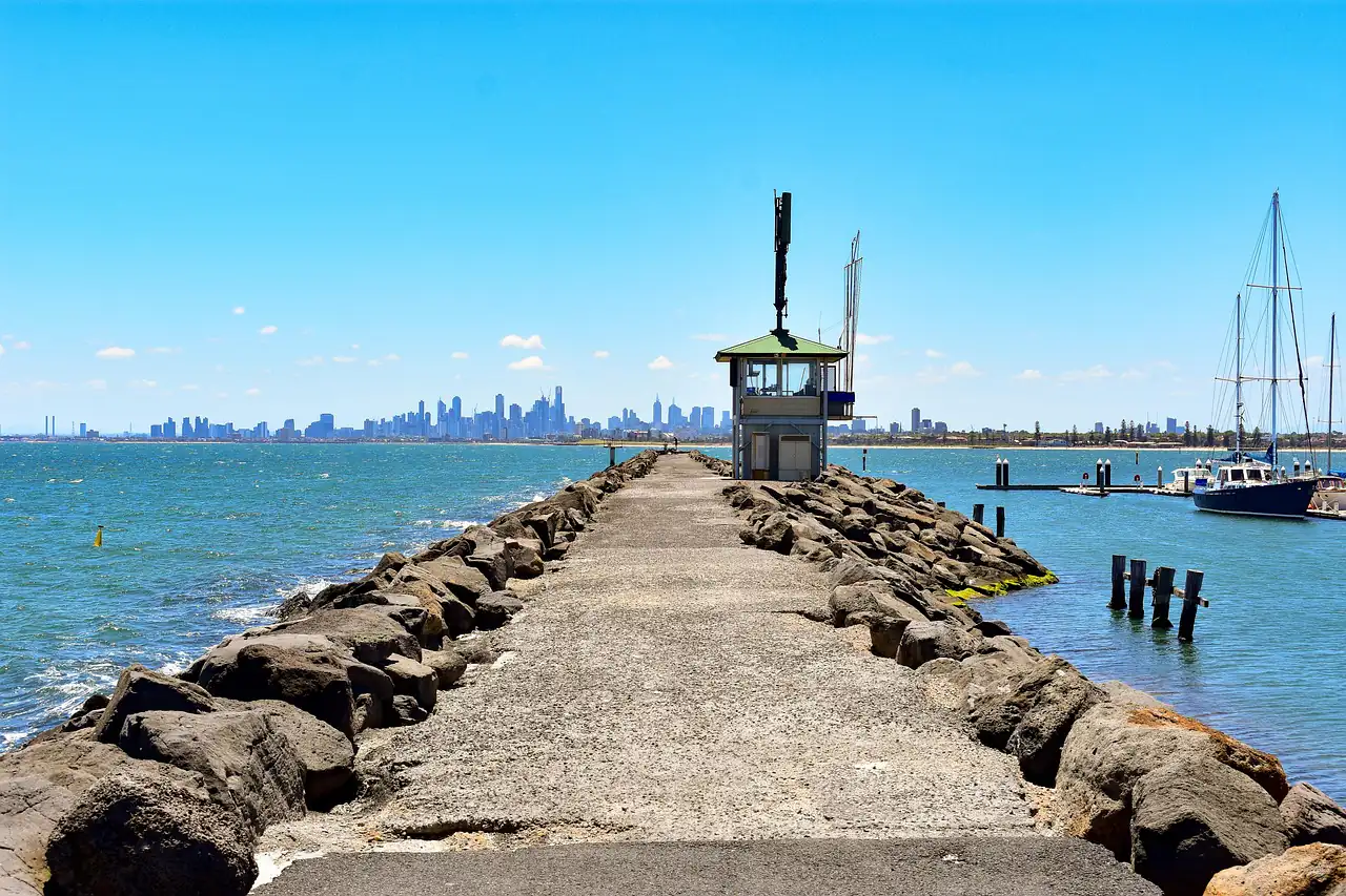 Melbourne's skyline from a breakwater