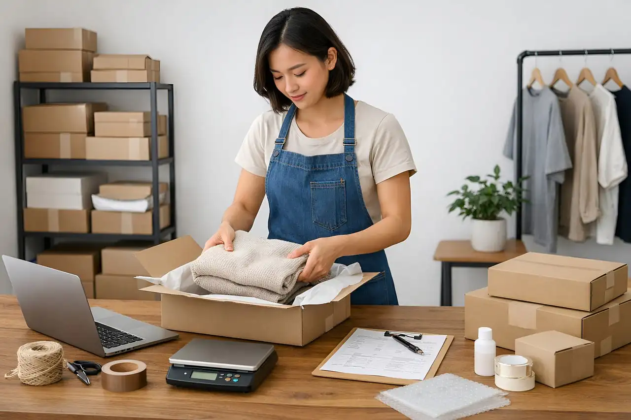 A small business owner packing orders
