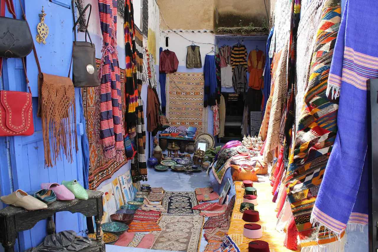 Rugs hanging outside a carpet shop