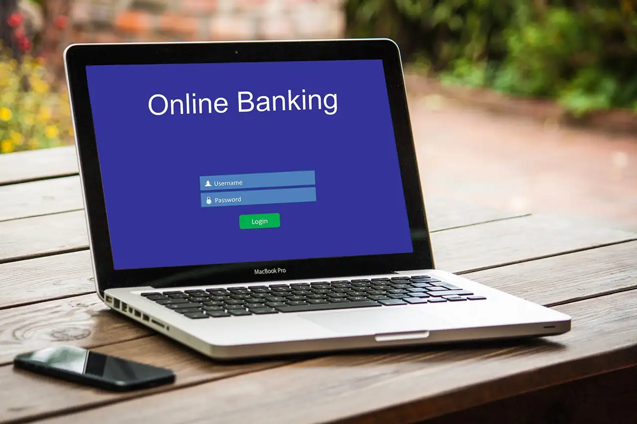 A laptop open on an online banking login