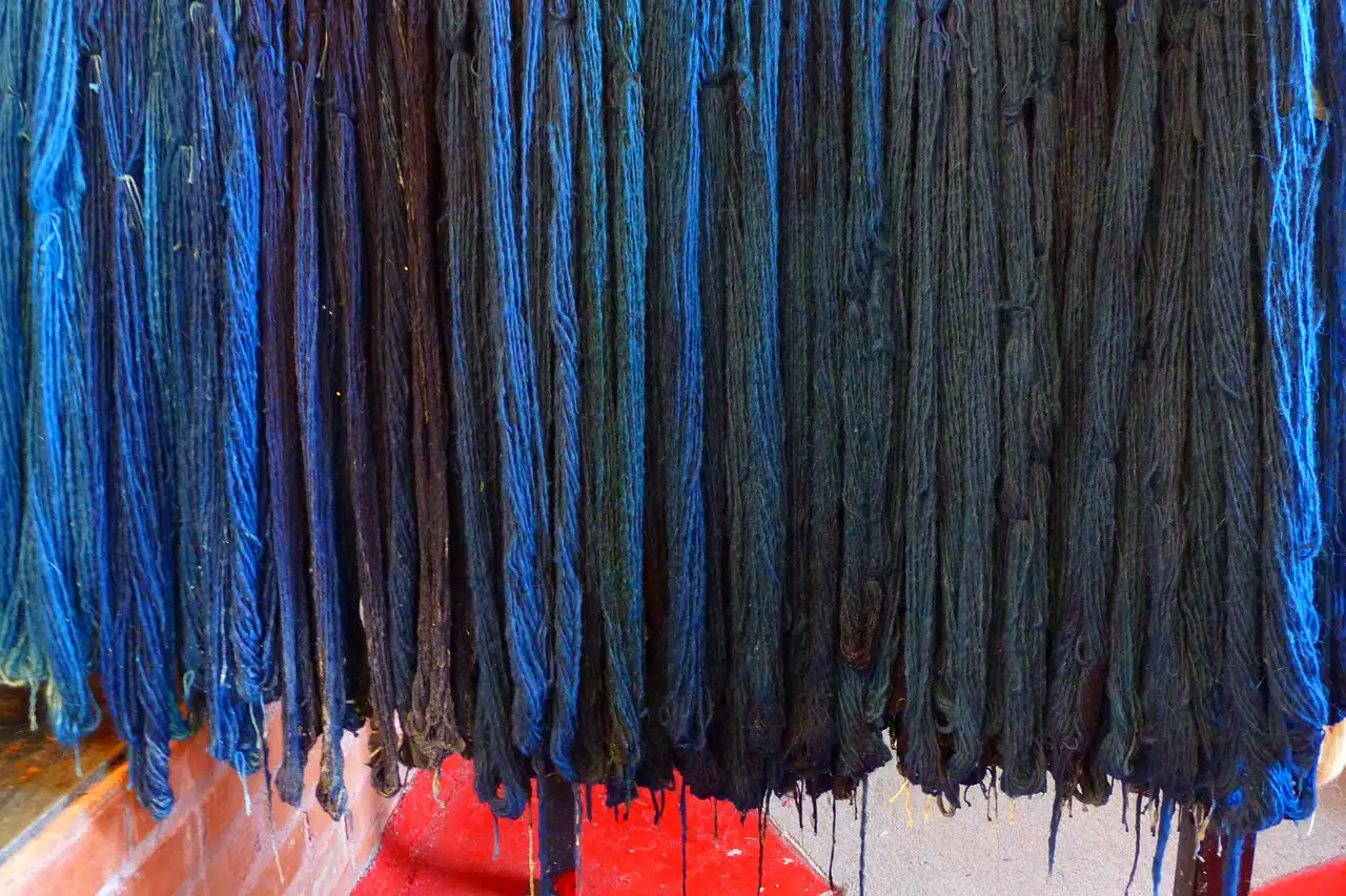 Dyed yarn hanging to dry