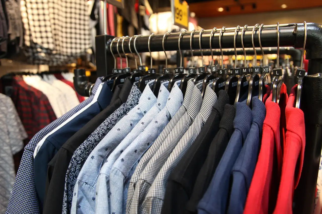 Shirts and jackets on a store rail