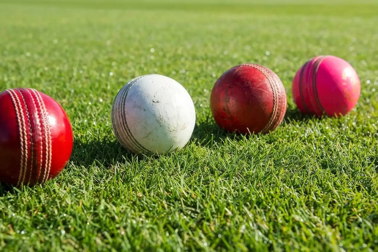 Leather cricket balls on grass
