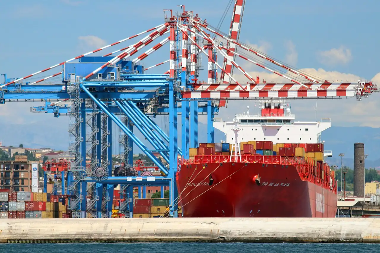 Gantry cranes working a ship at a container terminal