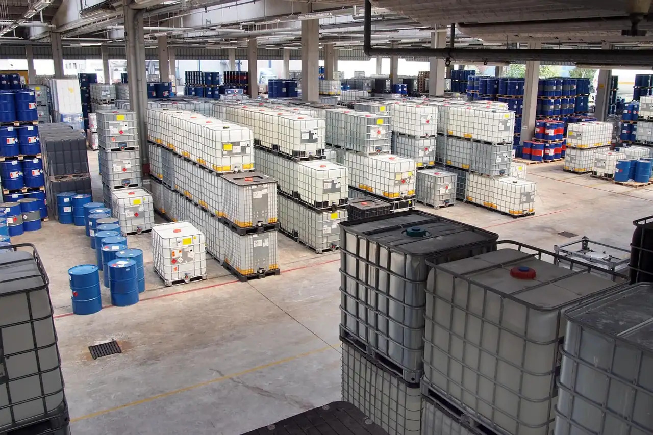 Chemical containers and drums stored in a warehouse