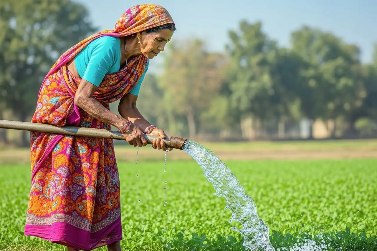 A farmer watering a field in India