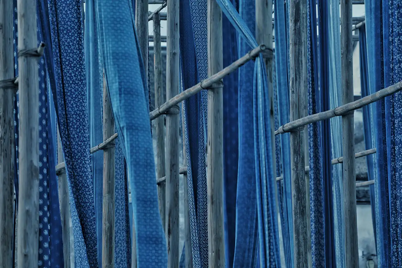 Indigo-dyed cloth hanging to dry