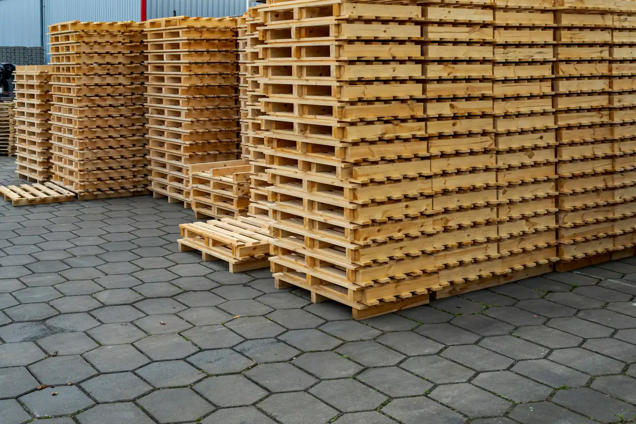 Stacks of wooden pallets on a paved yard