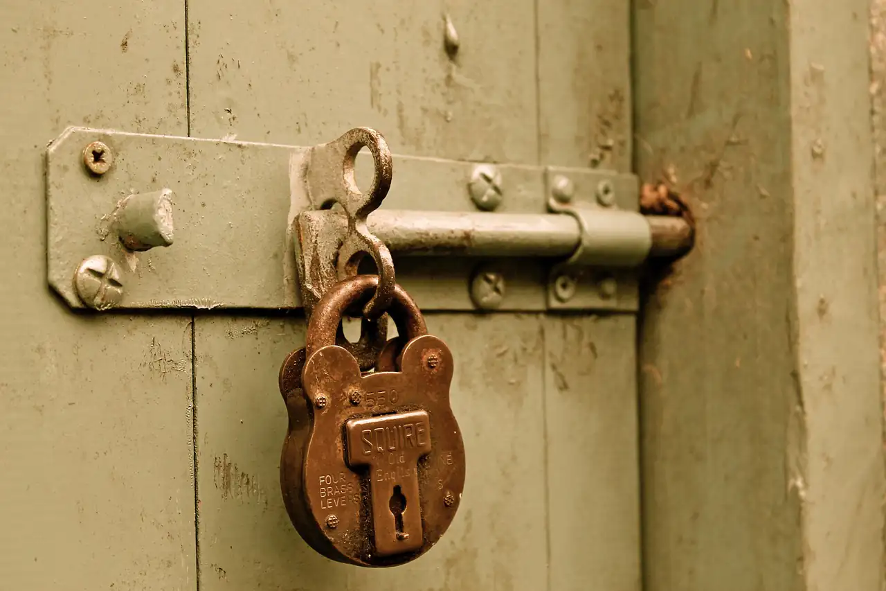 An old padlock on a wooden door