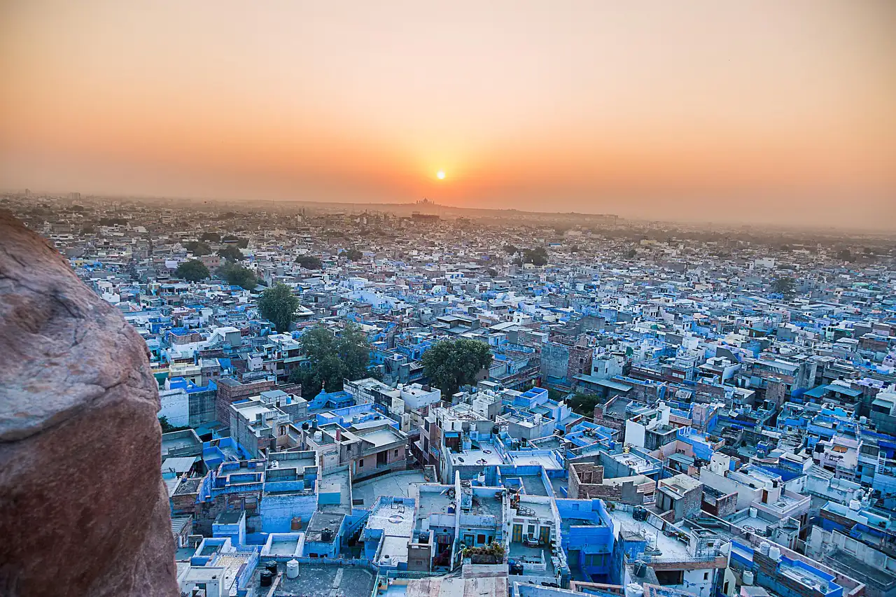 The blue rooftops of Jodhpur at sunset
