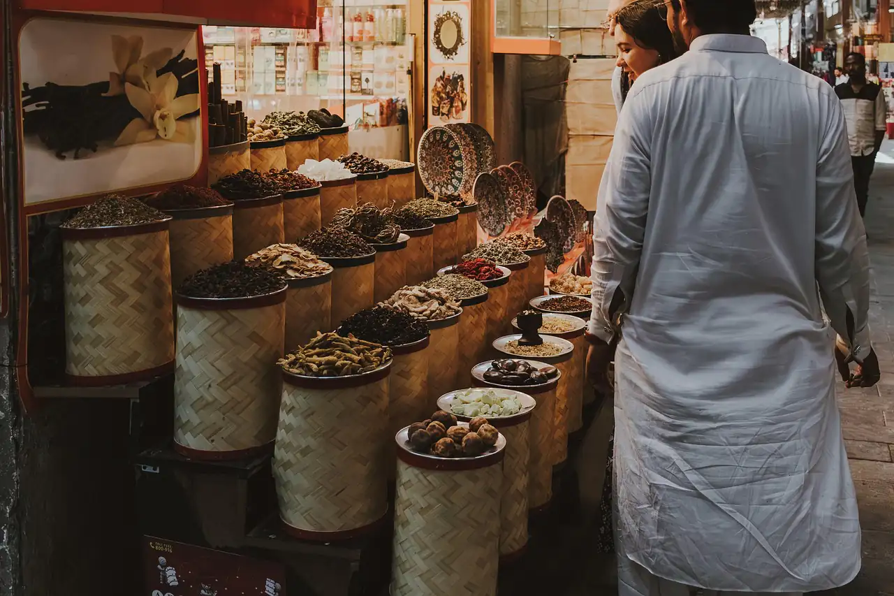 Sacks of spices and dry fruit at a wholesale stall