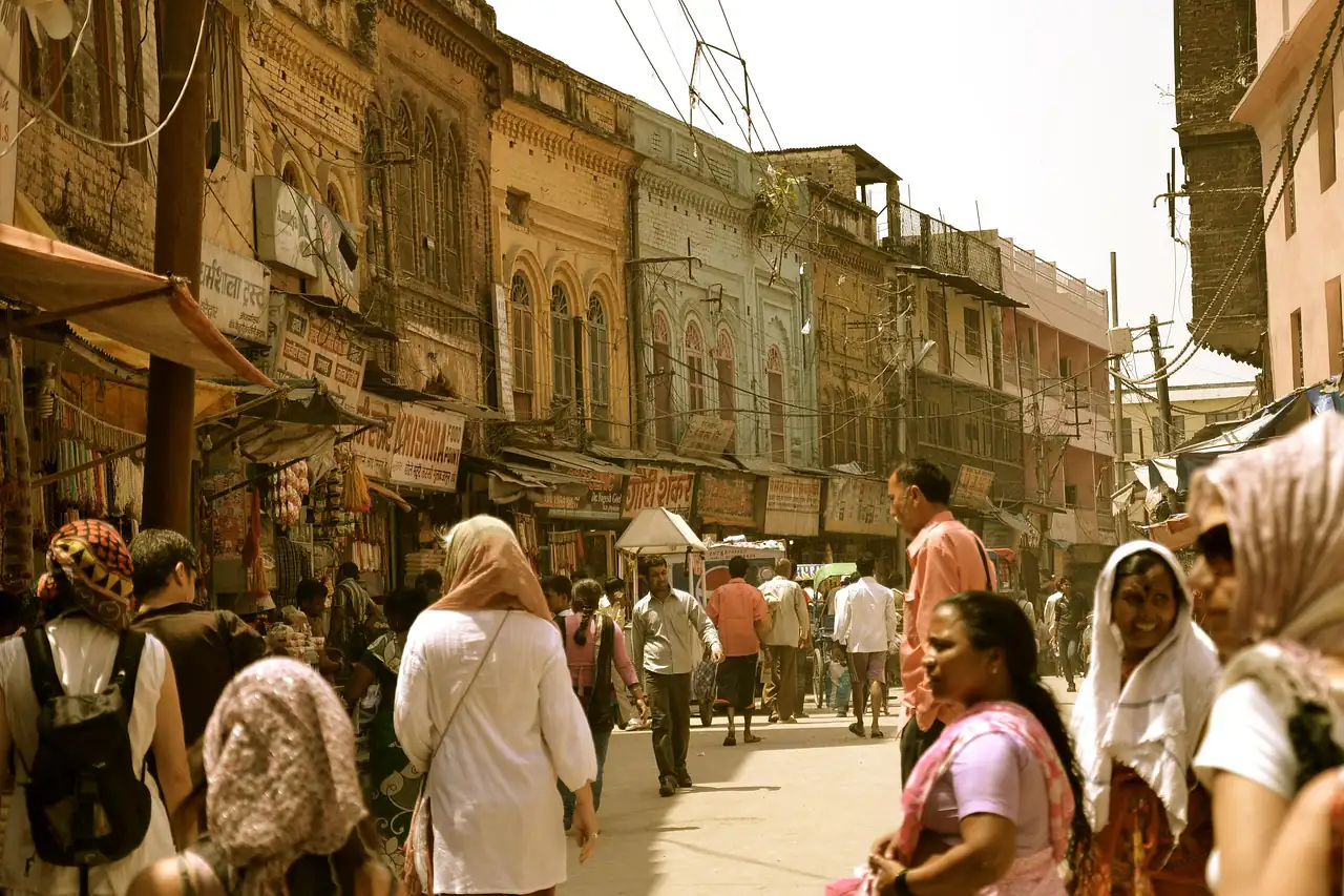 A crowded market street in Delhi