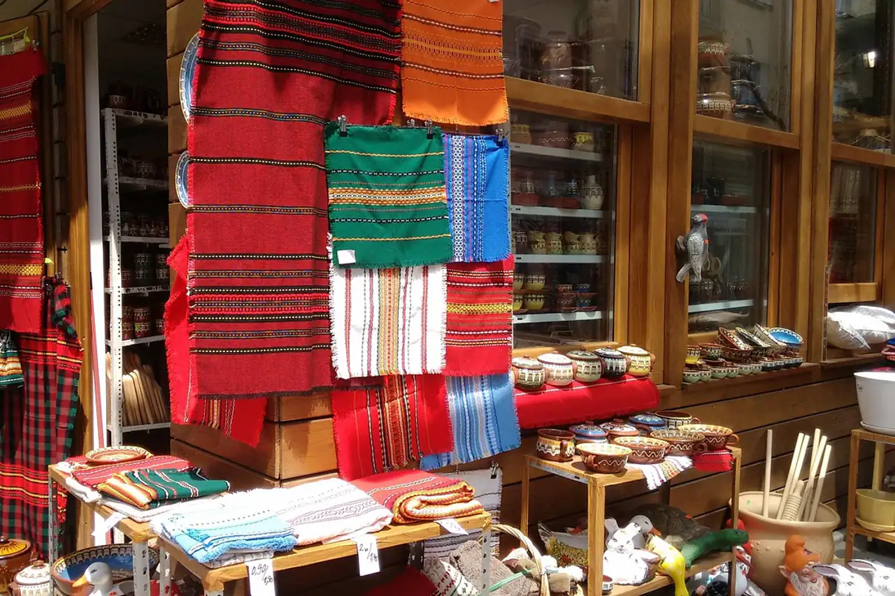 Rugs and textiles displayed in a shop