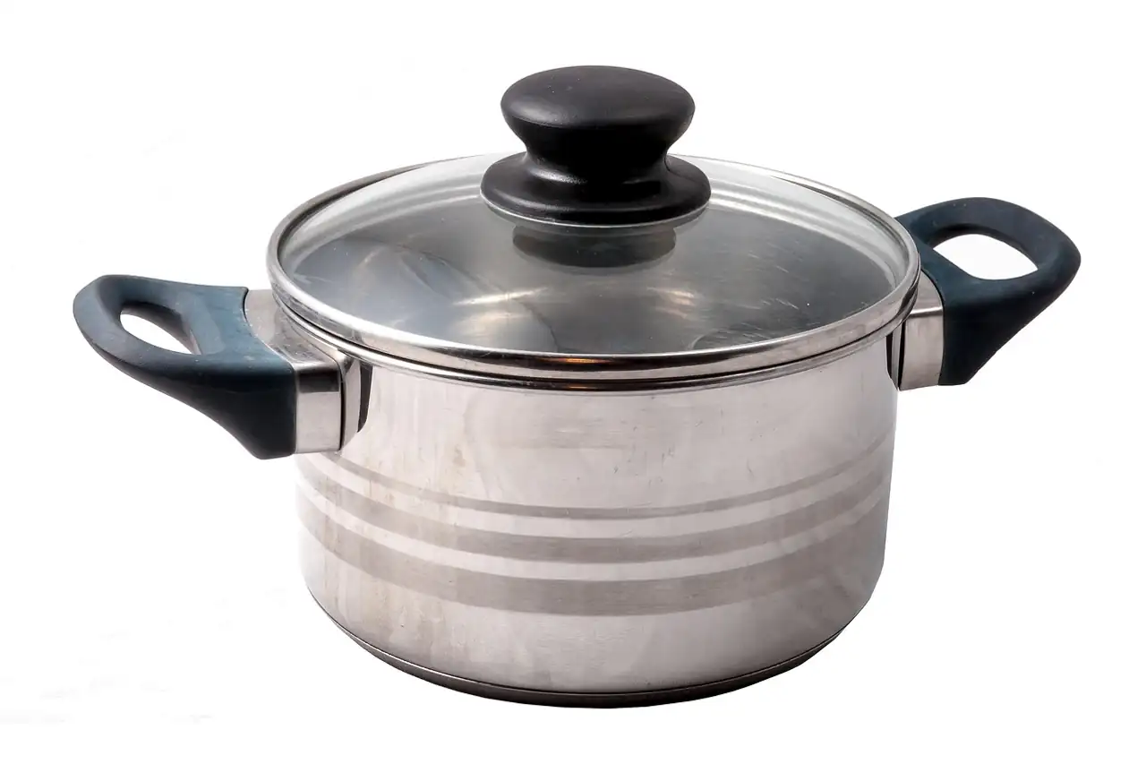 A stainless steel cooking pot with lid