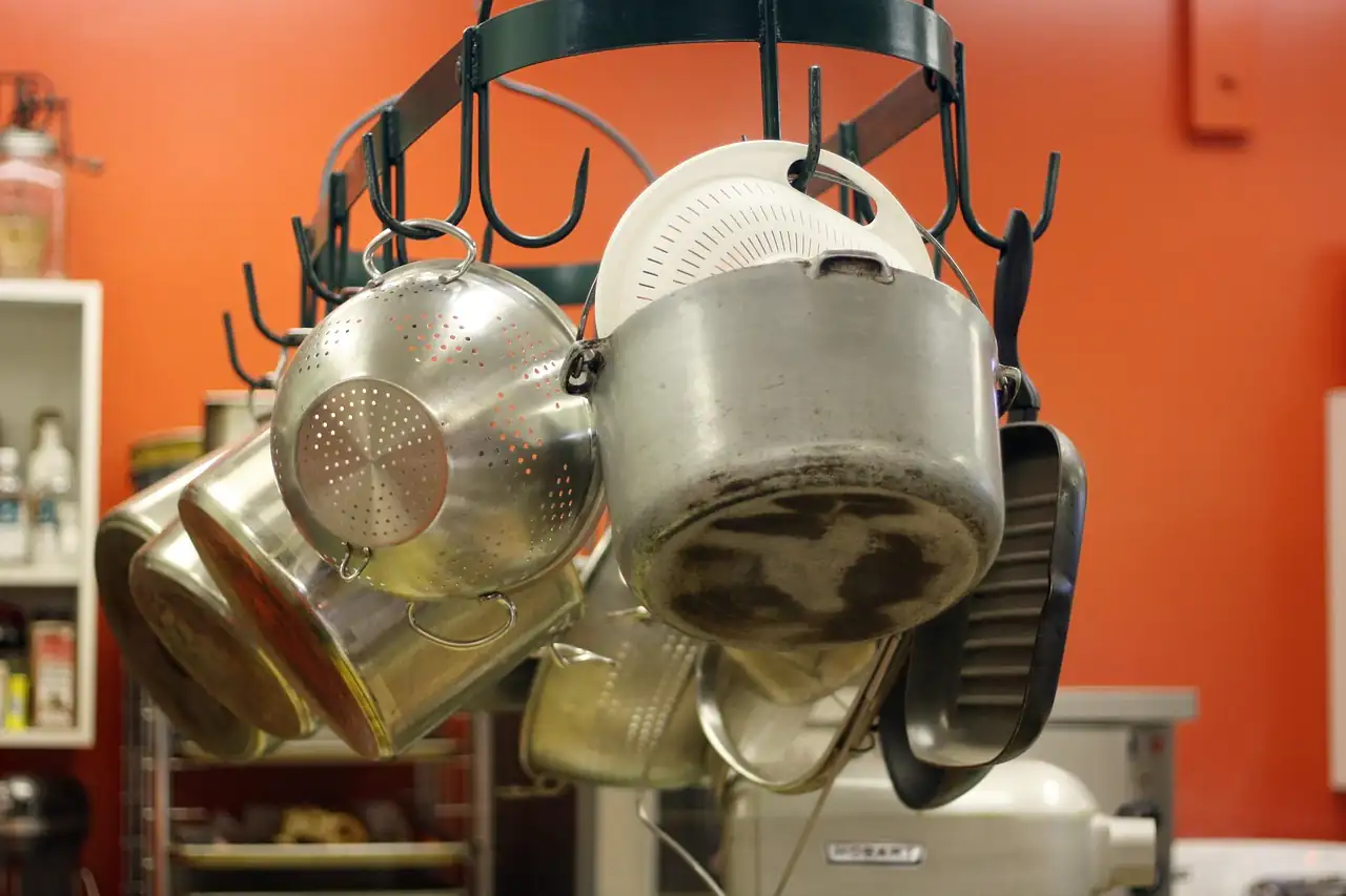 Steel pans hanging in a kitchen