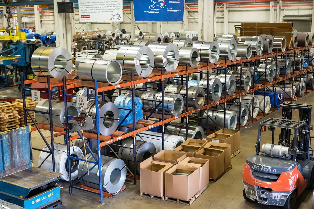 Steel coils stored in a warehouse