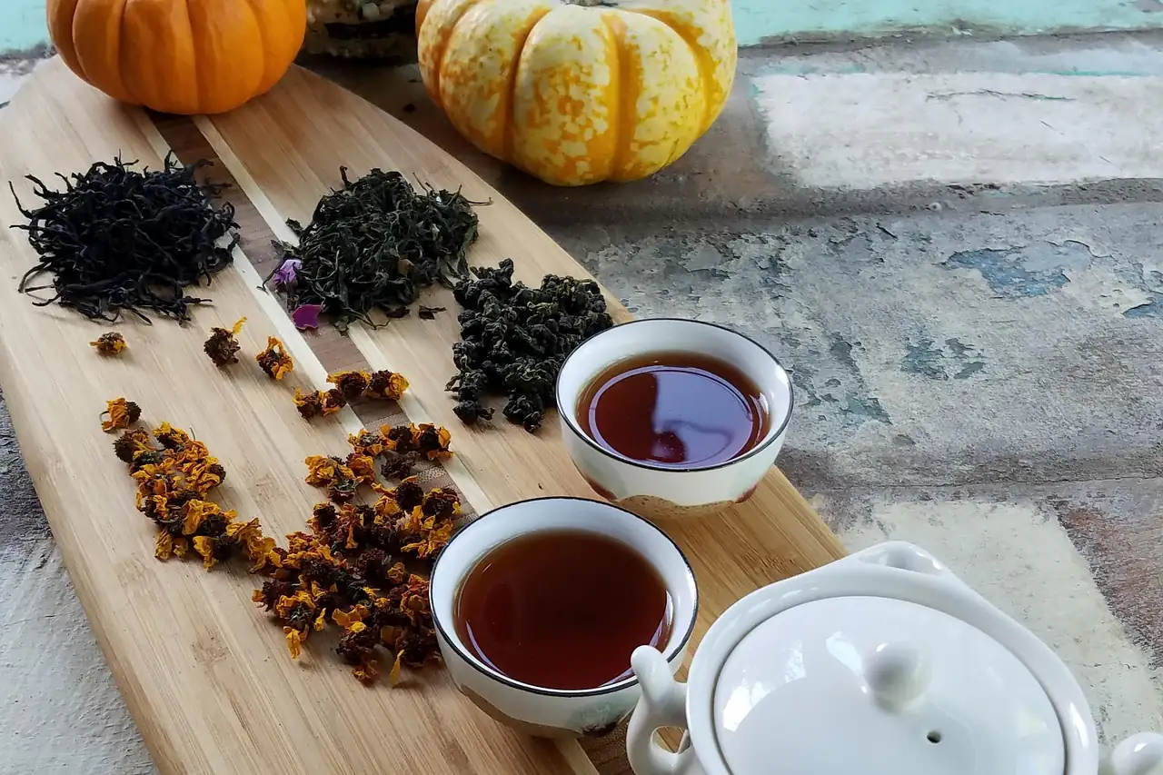 Small cups of tea set out for tasting