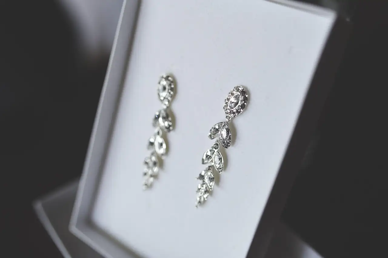 A pair of drop earrings on a display card