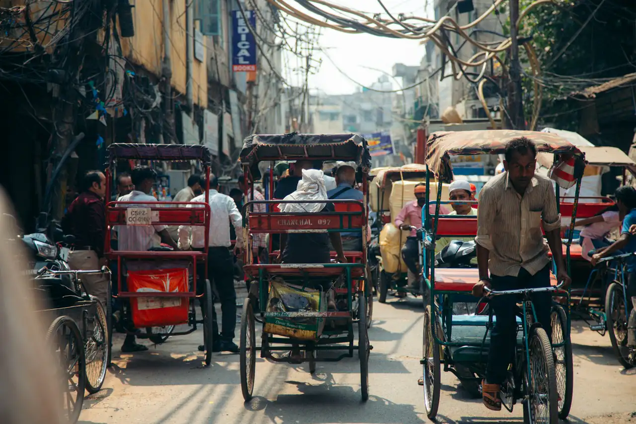 Cycle rickshaws in a narrow lane of an old wholesale market