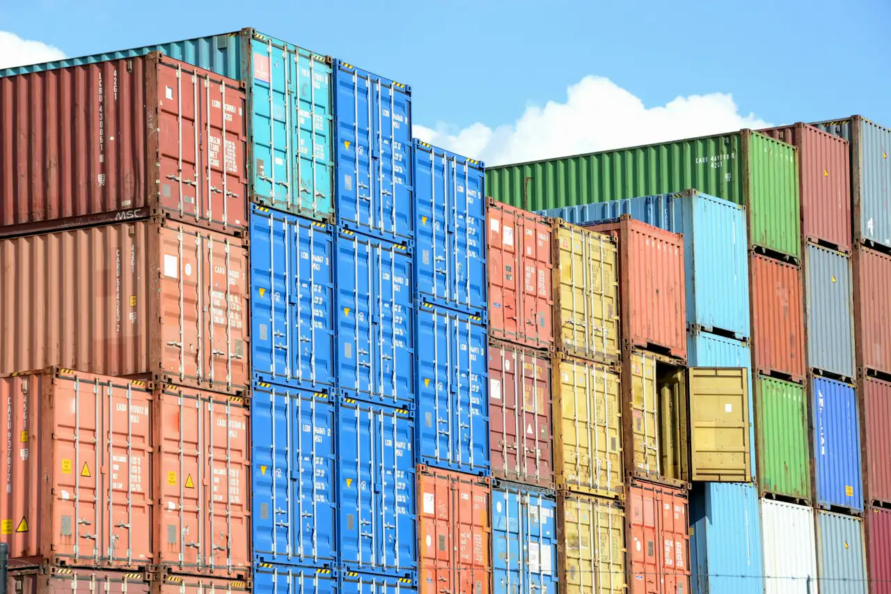 Stacks of shipping containers in a container yard