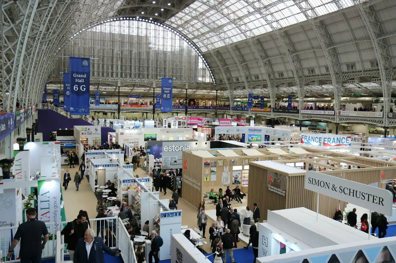 Exhibitor stands in a large trade fair hall