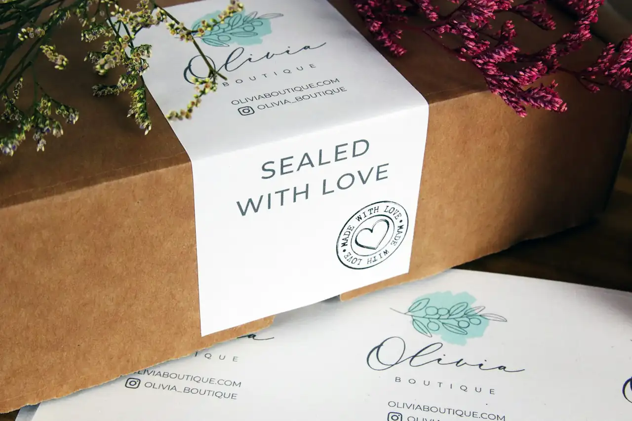 A kraft box with a printed brand label