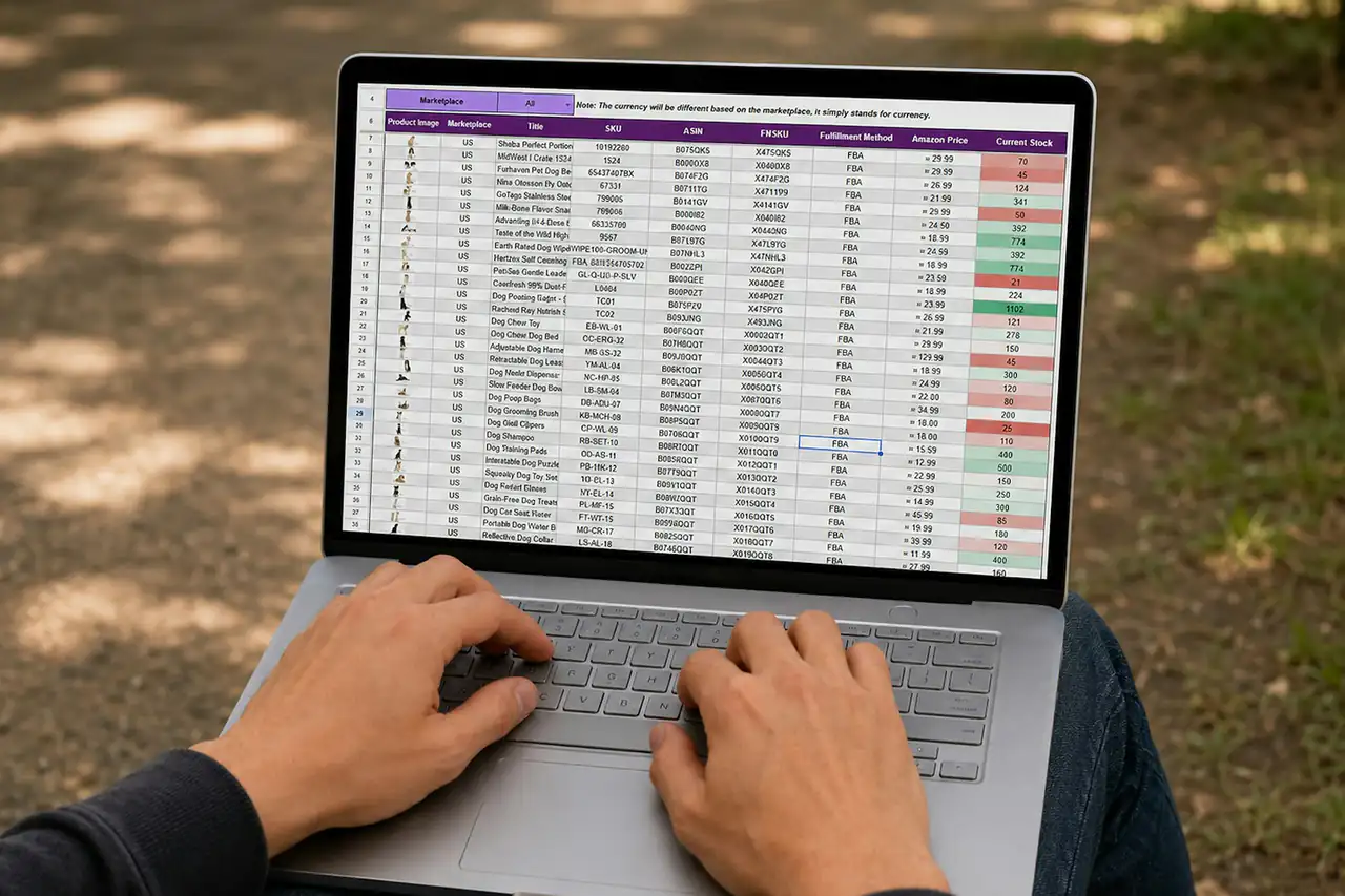 Hands working on a spreadsheet on a laptop