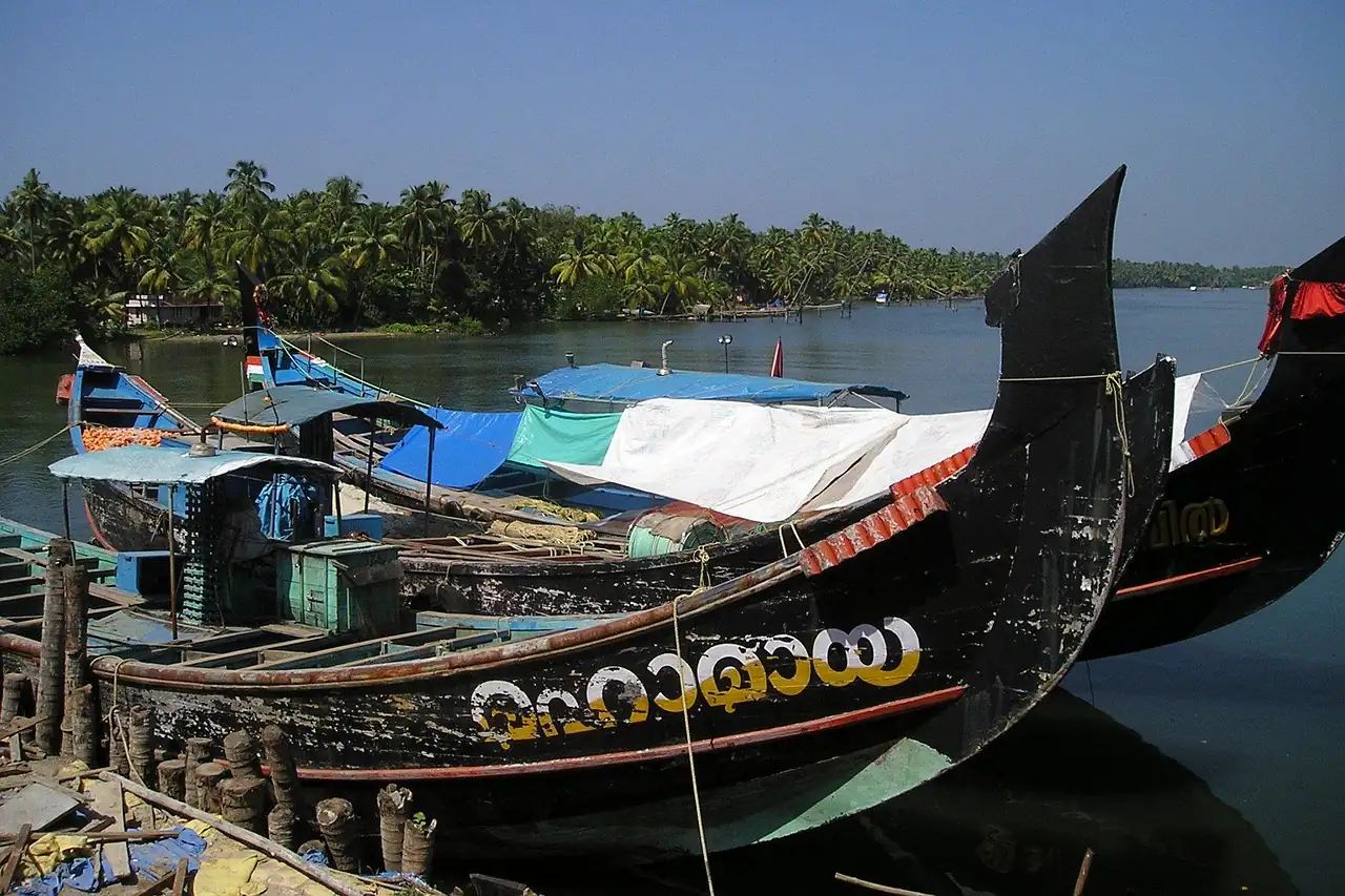 A wooden fishing boat moored on the Kerala coast