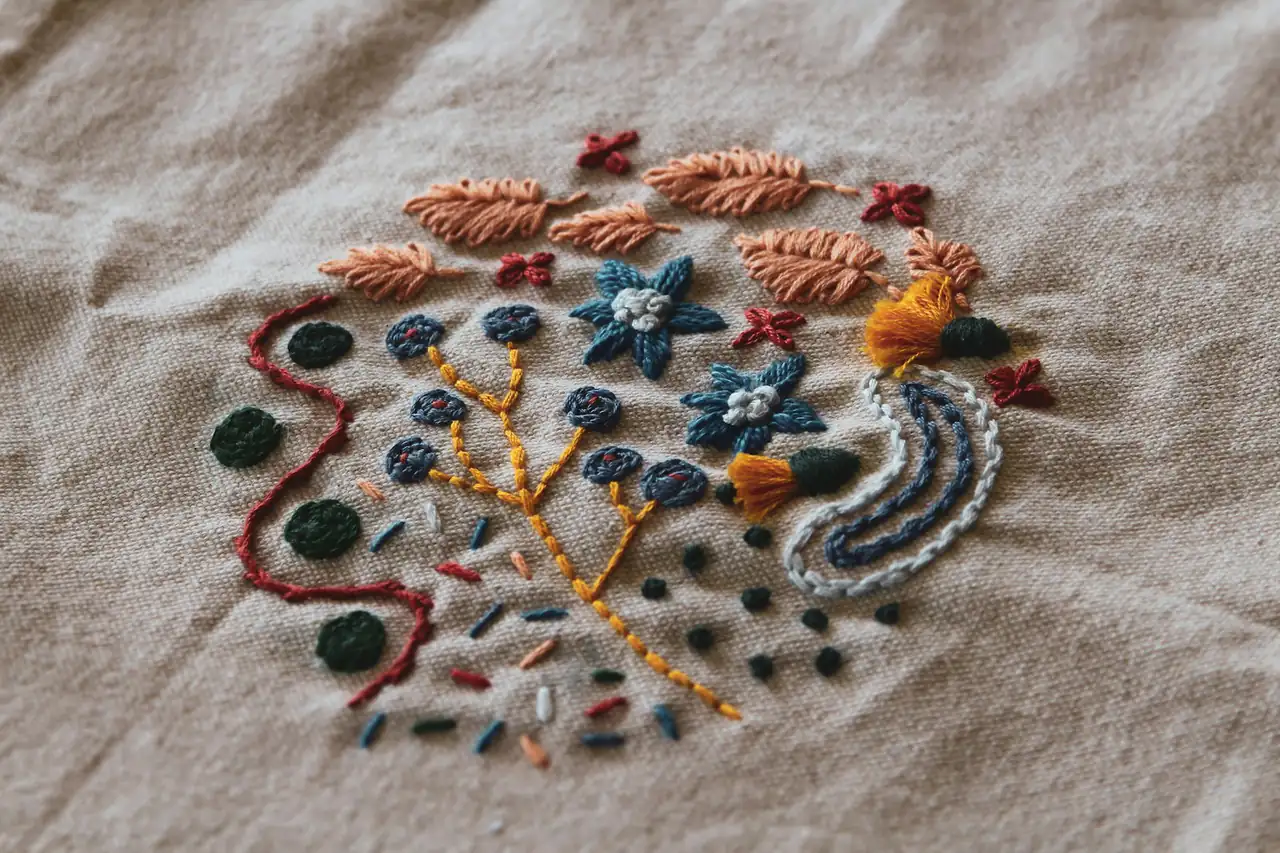 Hand embroidery in coloured thread on cloth