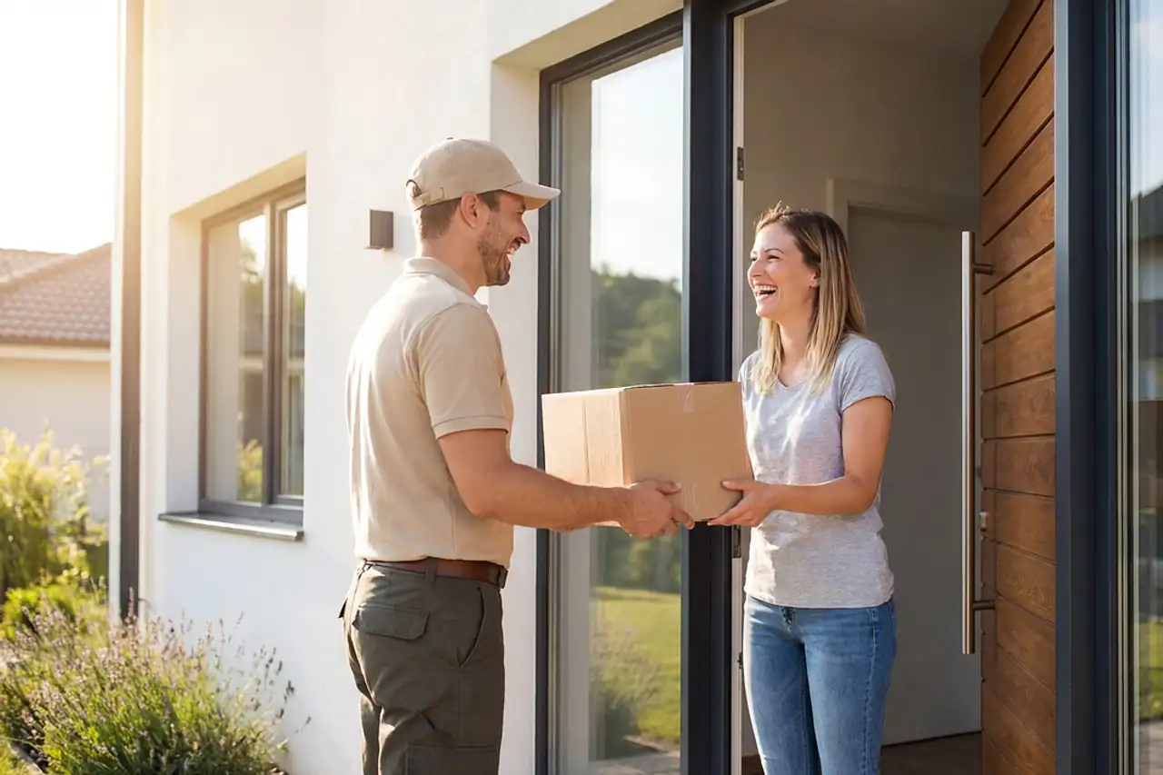 A courier handing over a parcel at the door