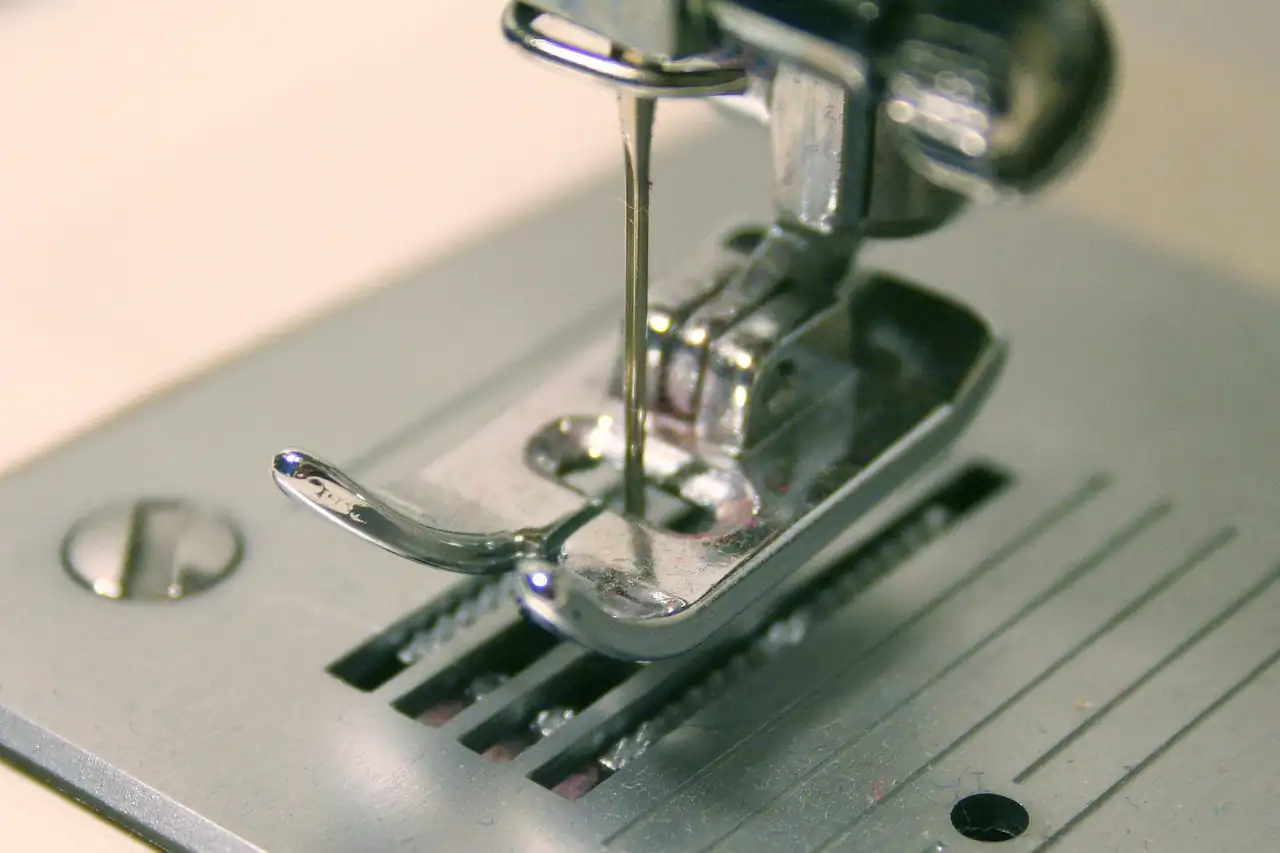 Close-up of a sewing machine needle and presser foot