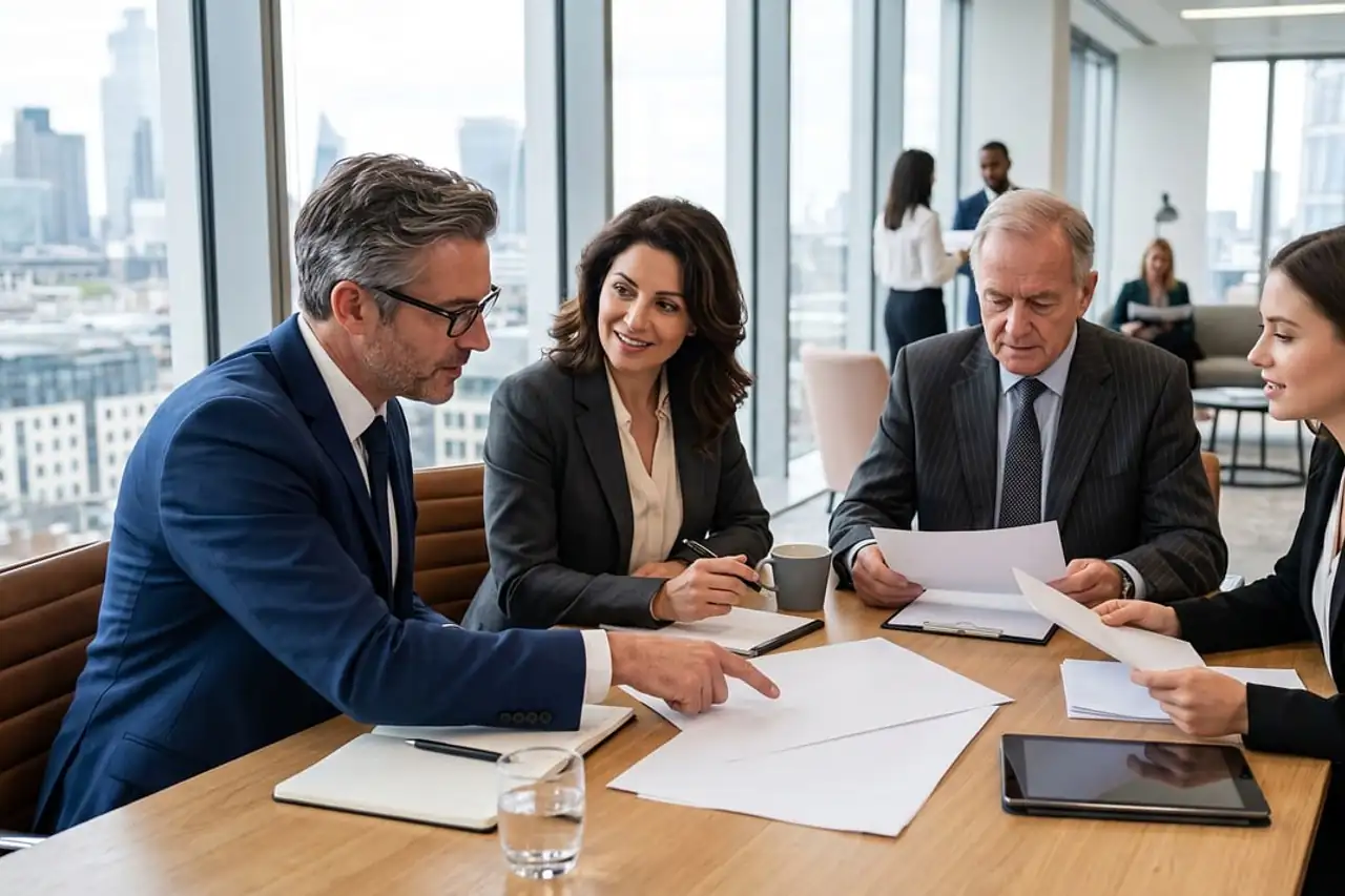 A buyer and suppliers going through a quotation at a table