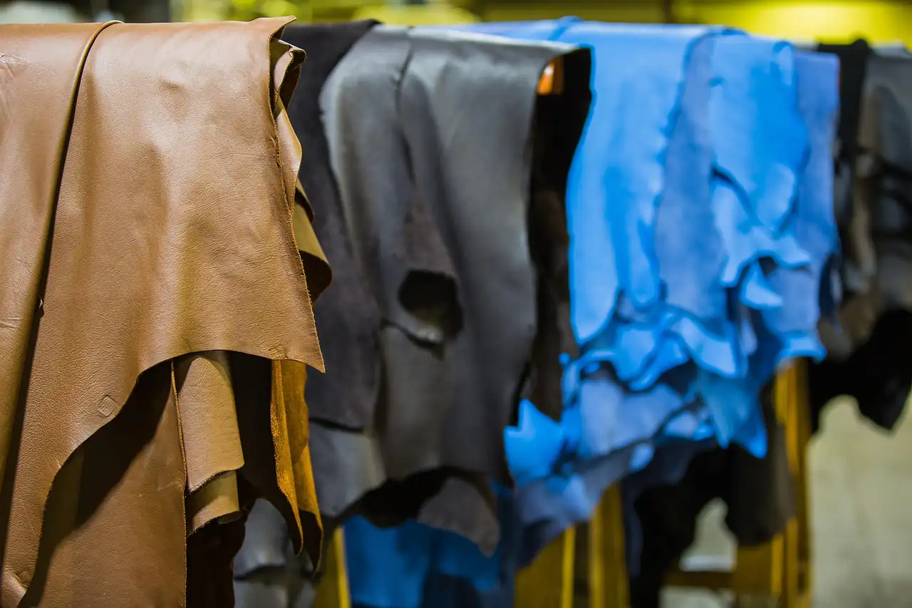 Dyed leather hides hanging up to dry