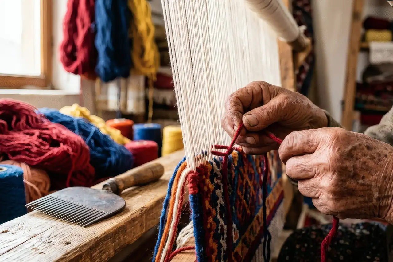 Hands knotting yarn on a carpet loom