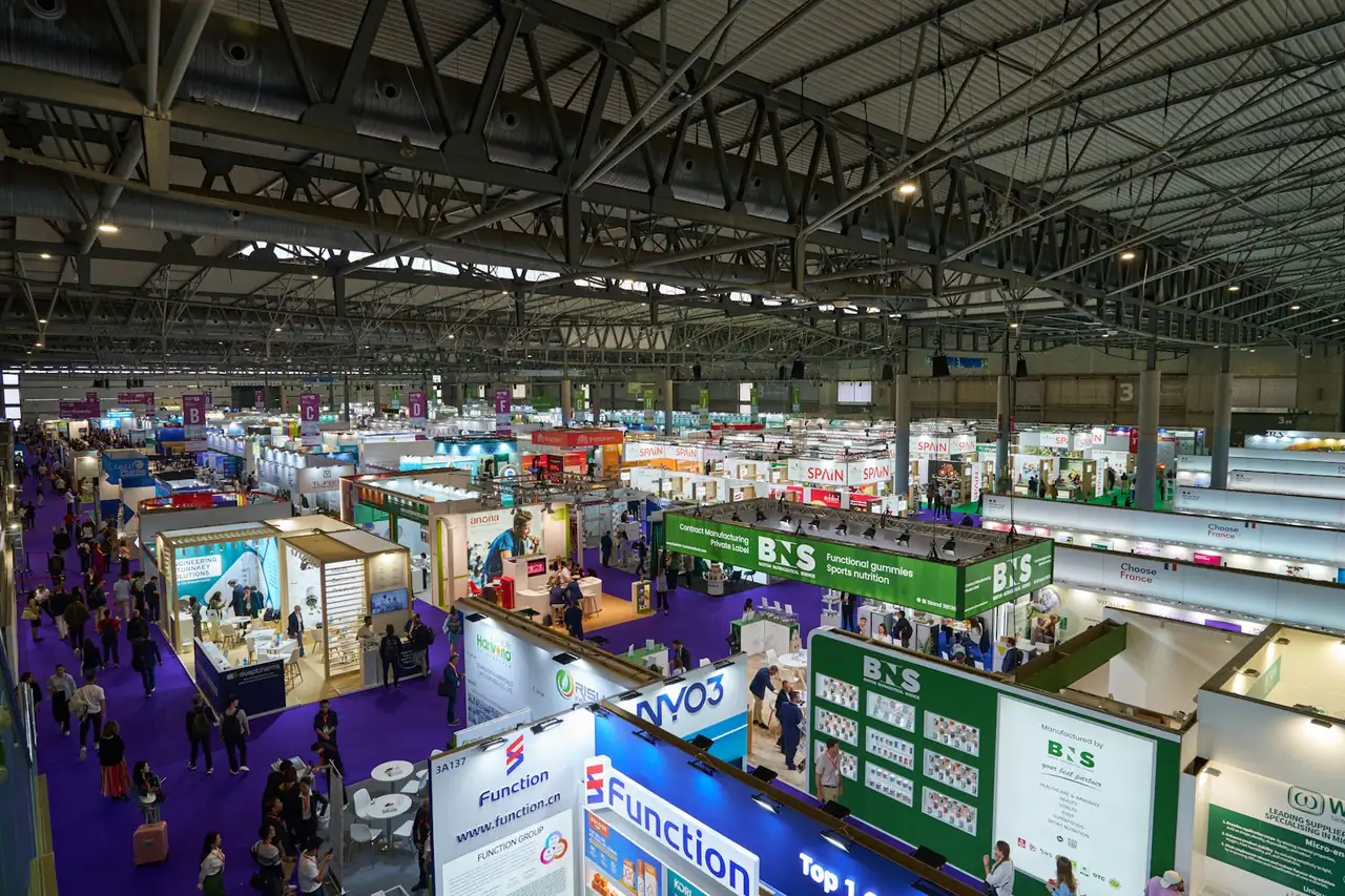 Food stands in a large exhibition hall
