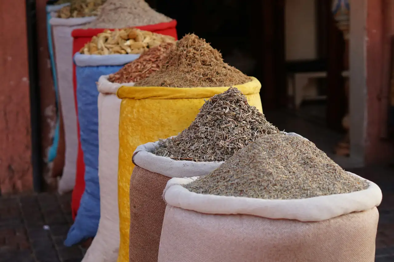 Open sacks of ground spices