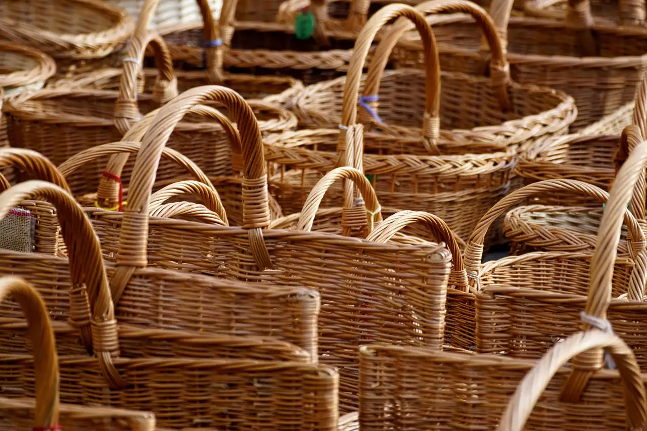 Woven cane baskets stacked together
