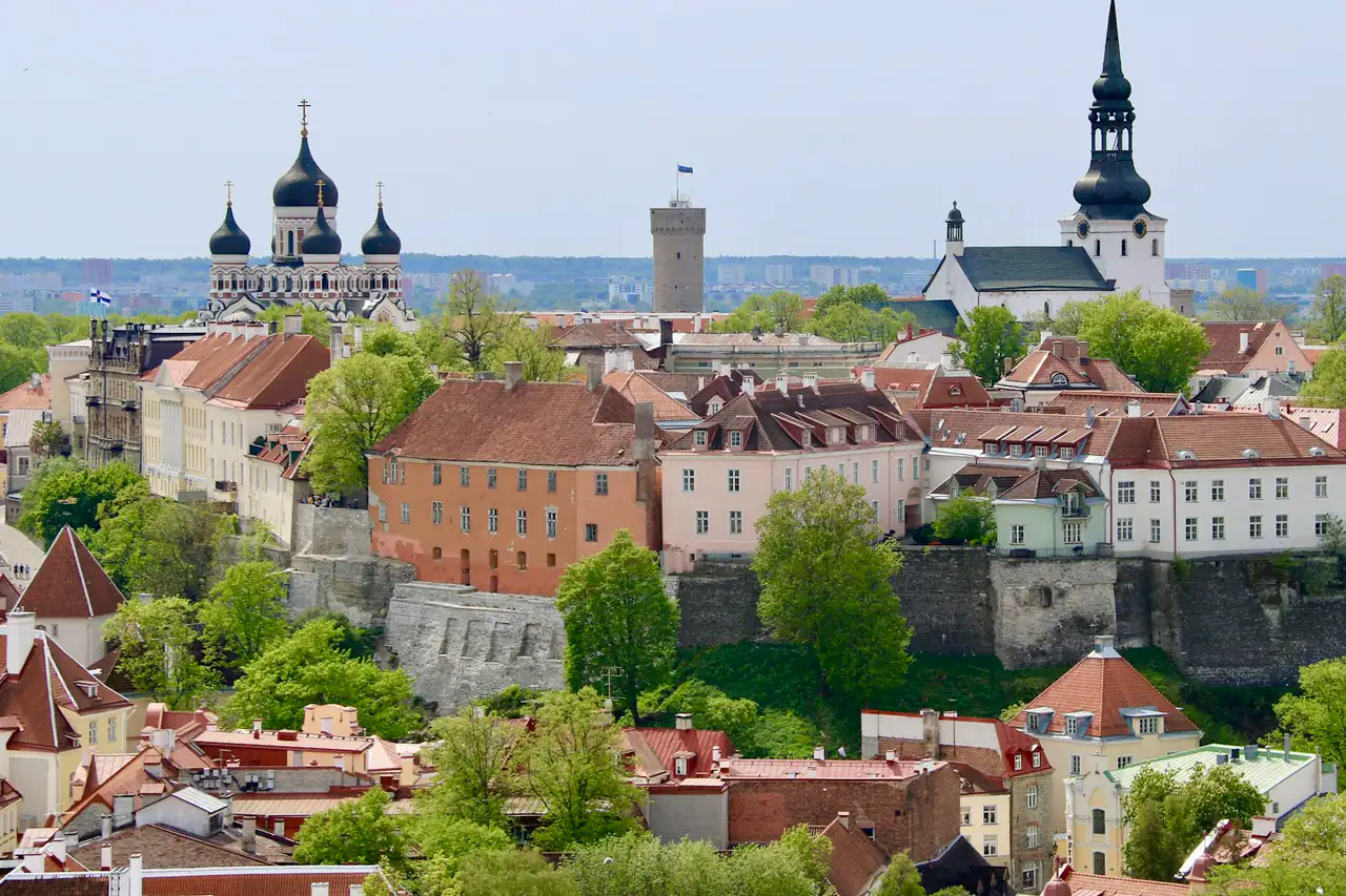 Red roofs and church spires of an old town