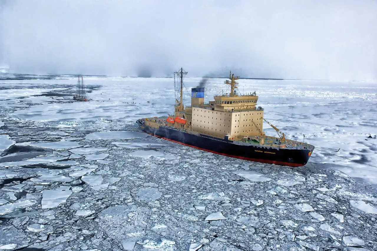 An icebreaker cutting through sea ice