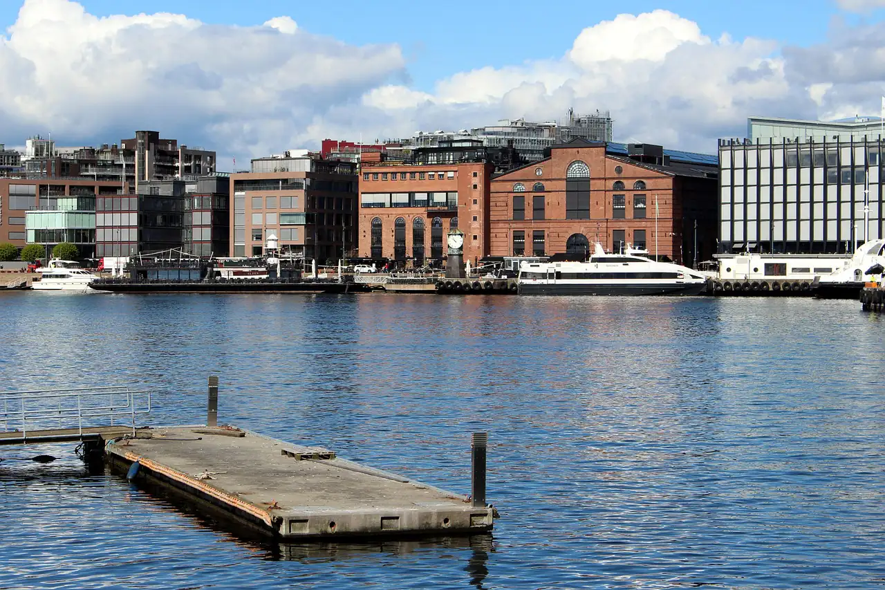 Waterfront buildings on a calm harbour