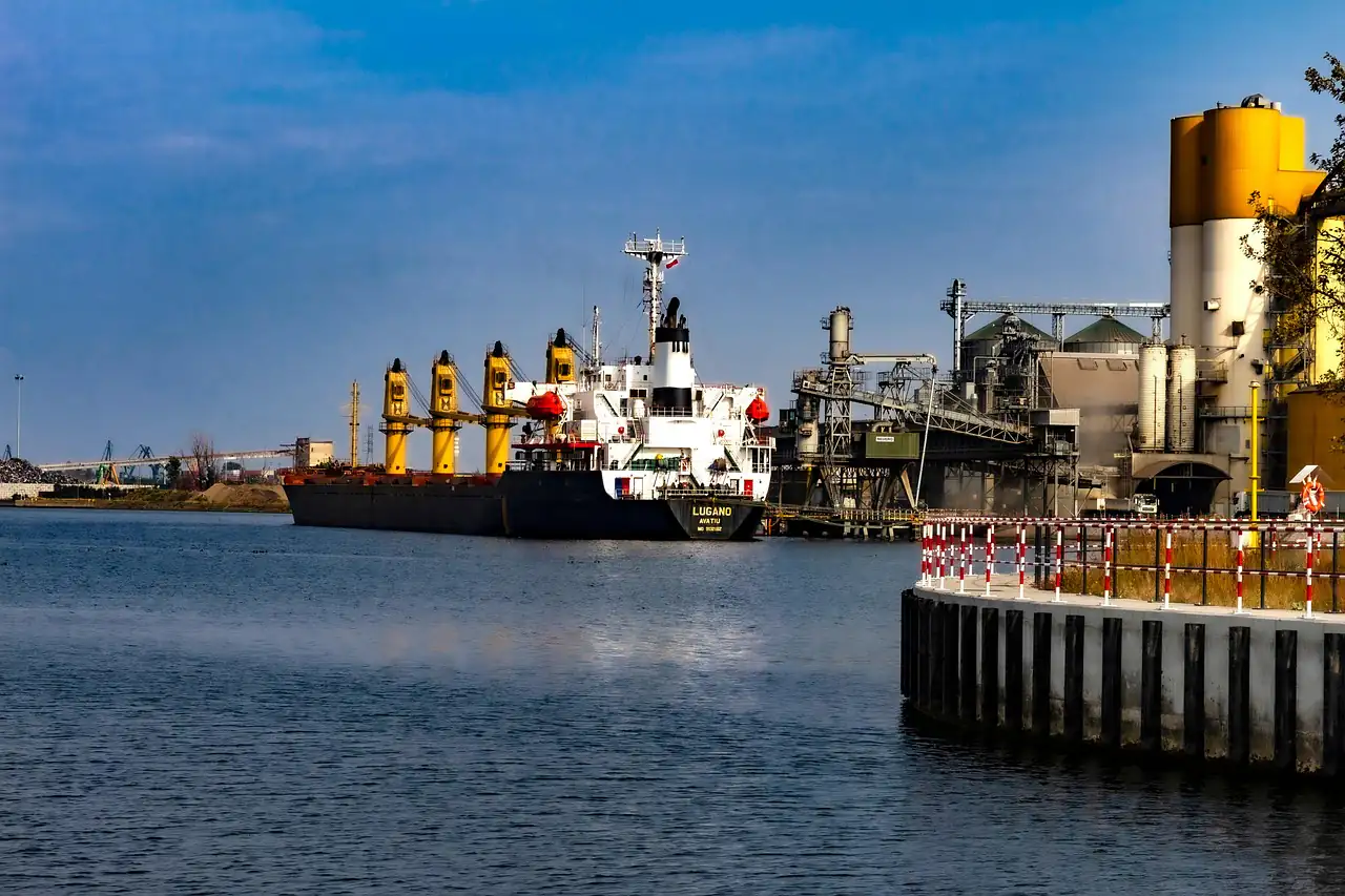Ships moored at an industrial quay