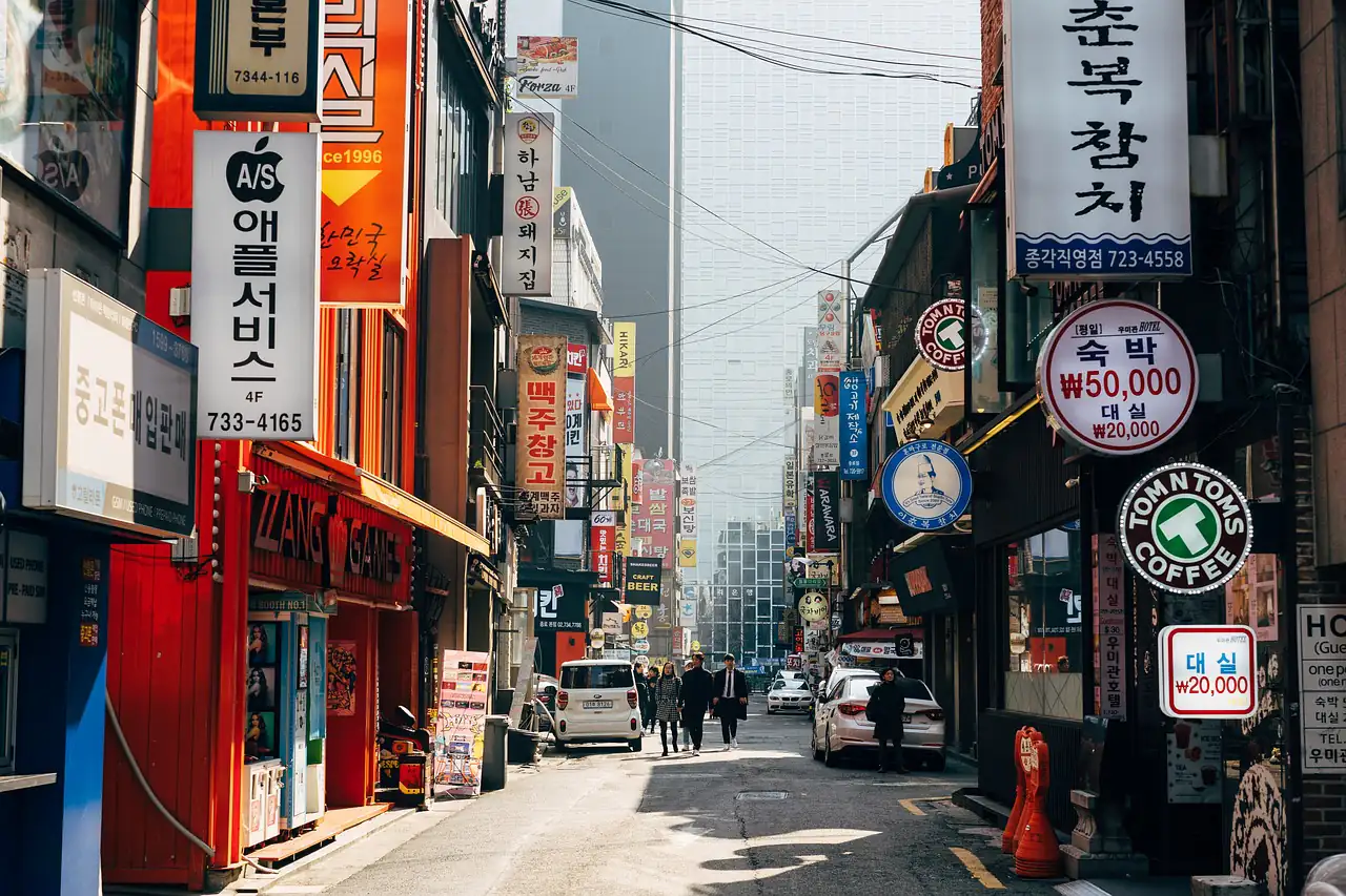 A shopping street with Korean signs
