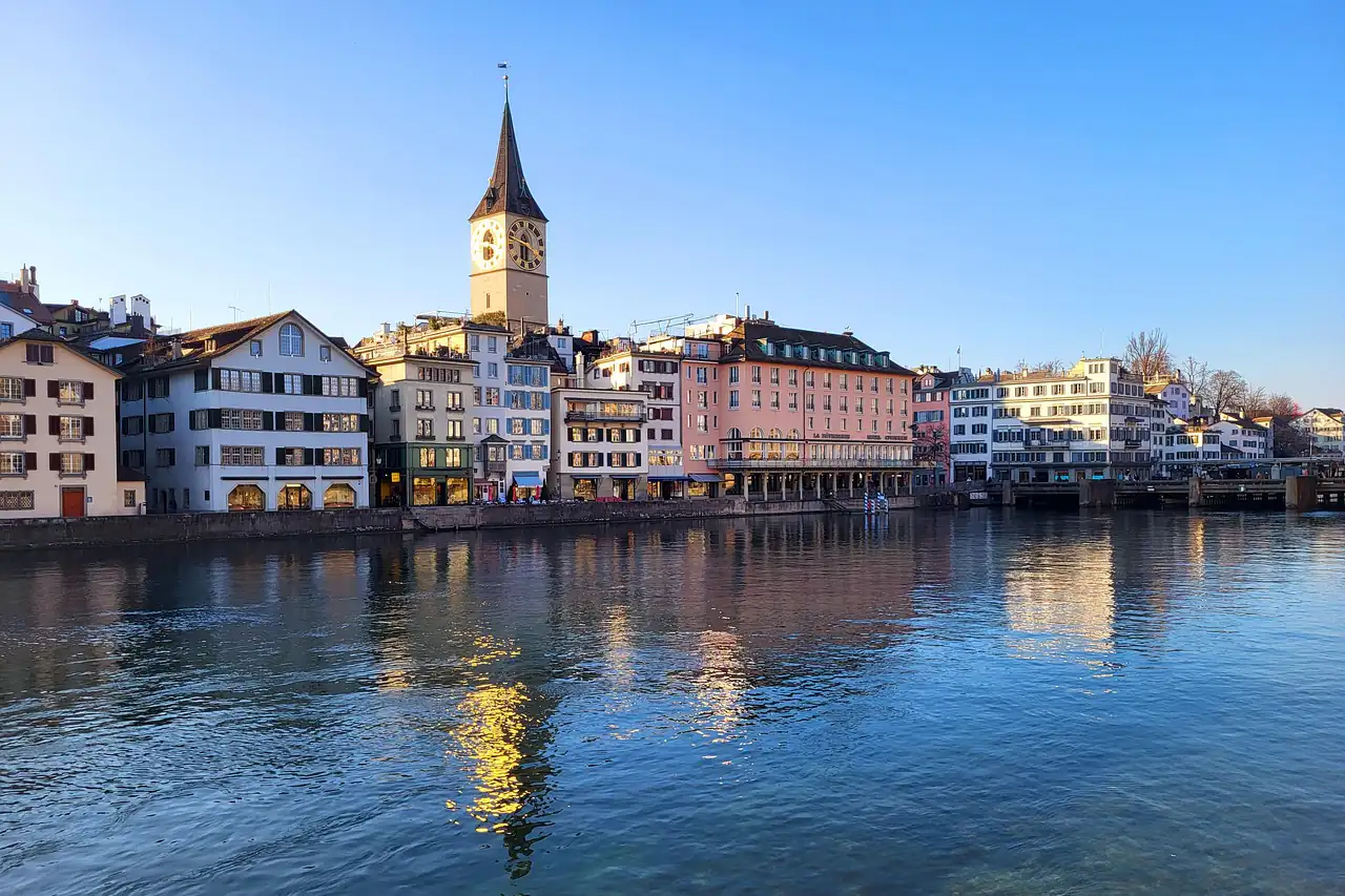 Old town buildings along a river