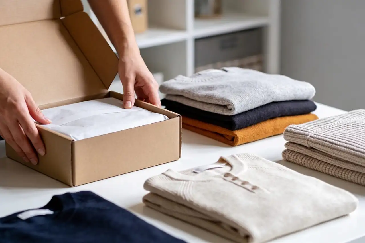 Packing folded clothes into a shipping box