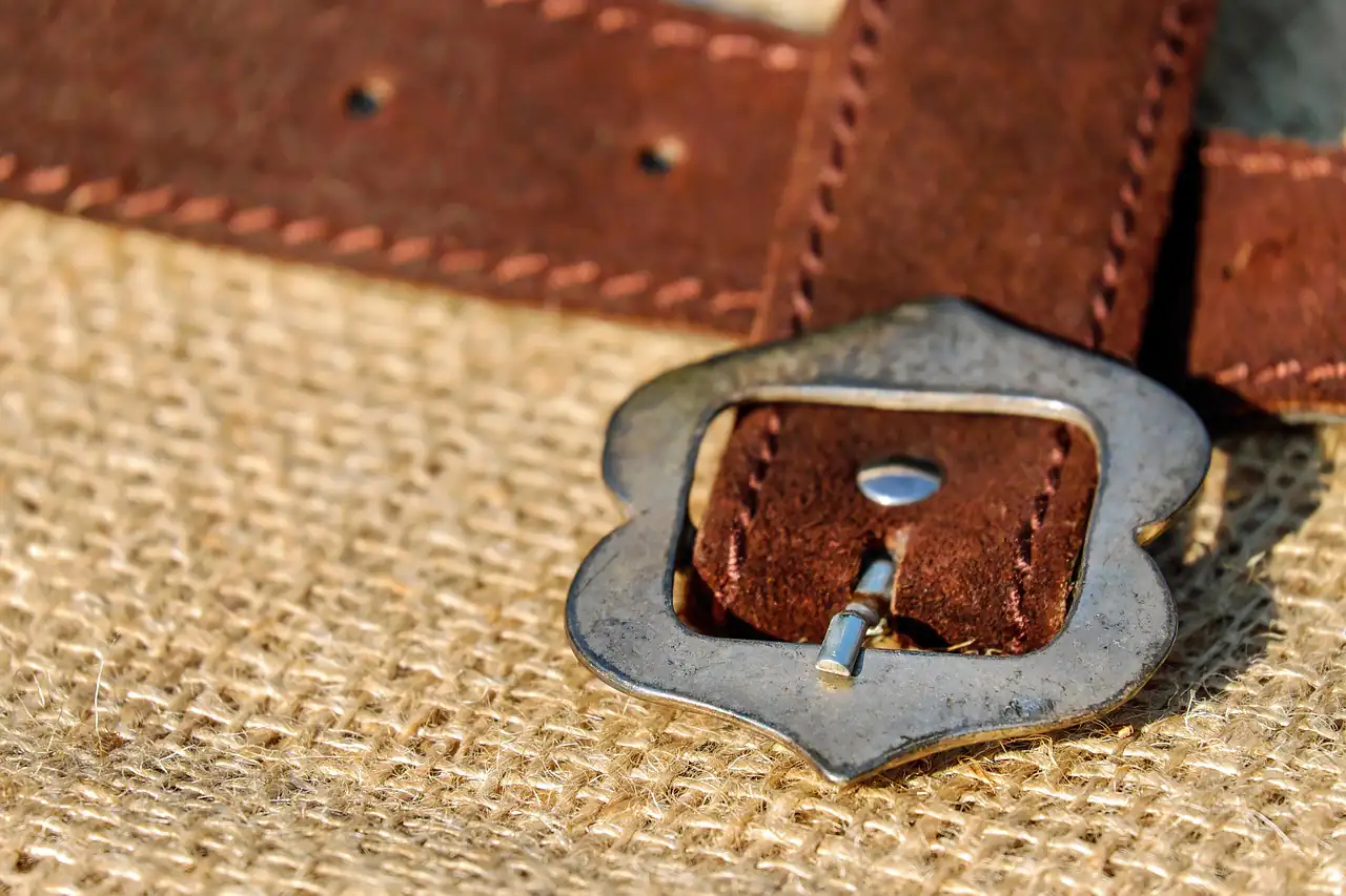 A metal buckle on a leather strap
