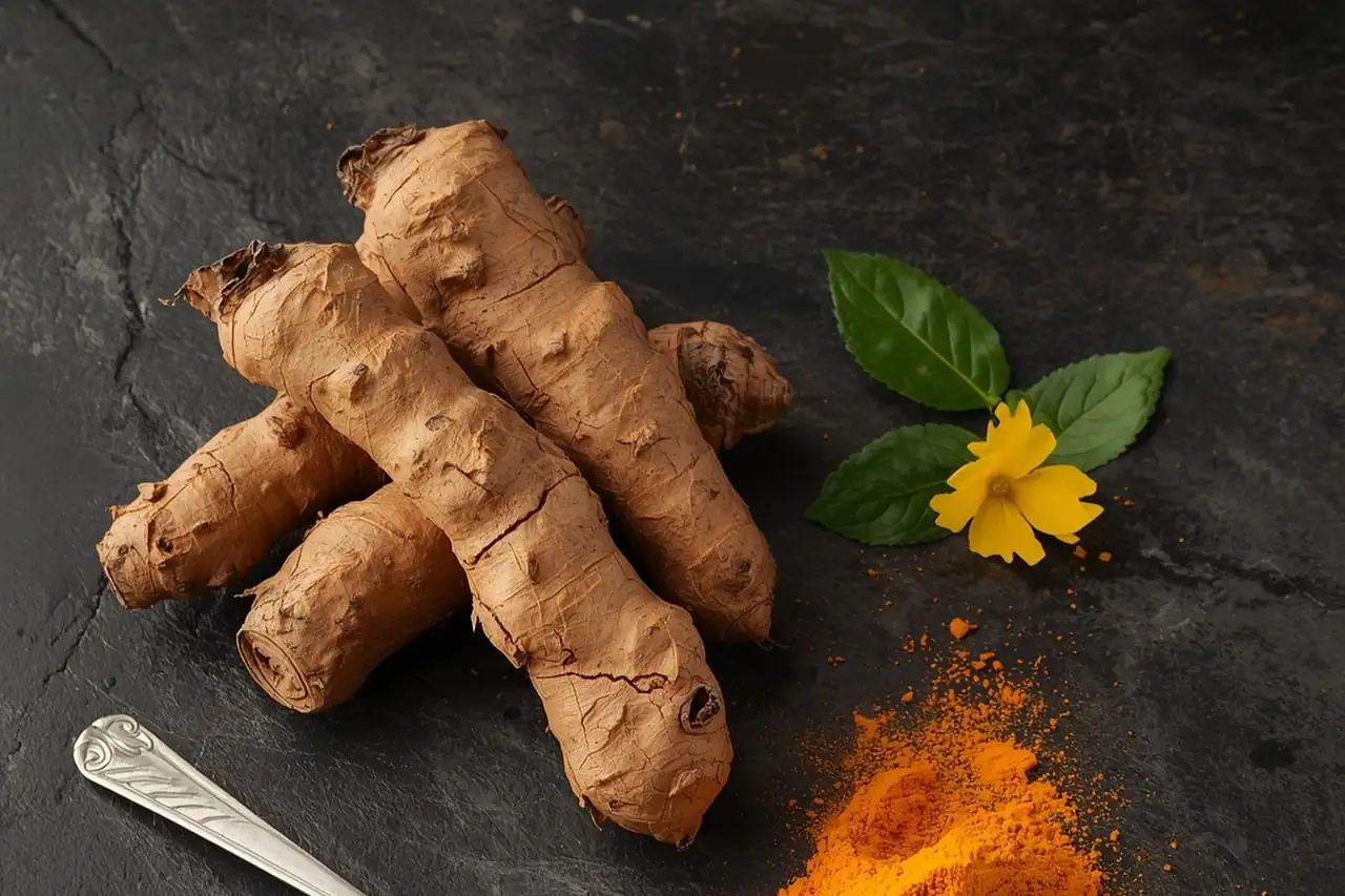 Fresh turmeric roots and ground turmeric