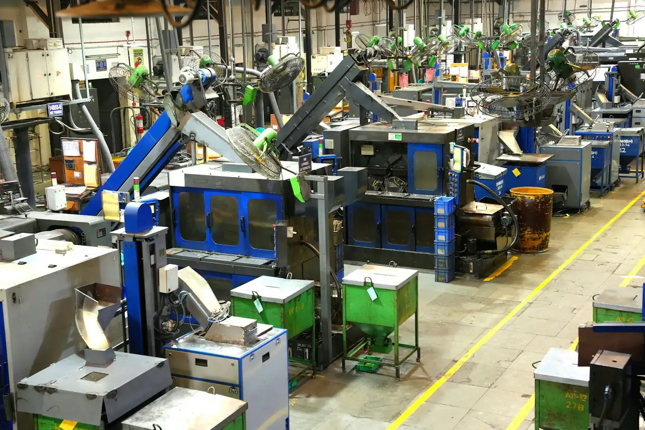 Machines and workstations on an industrial factory floor