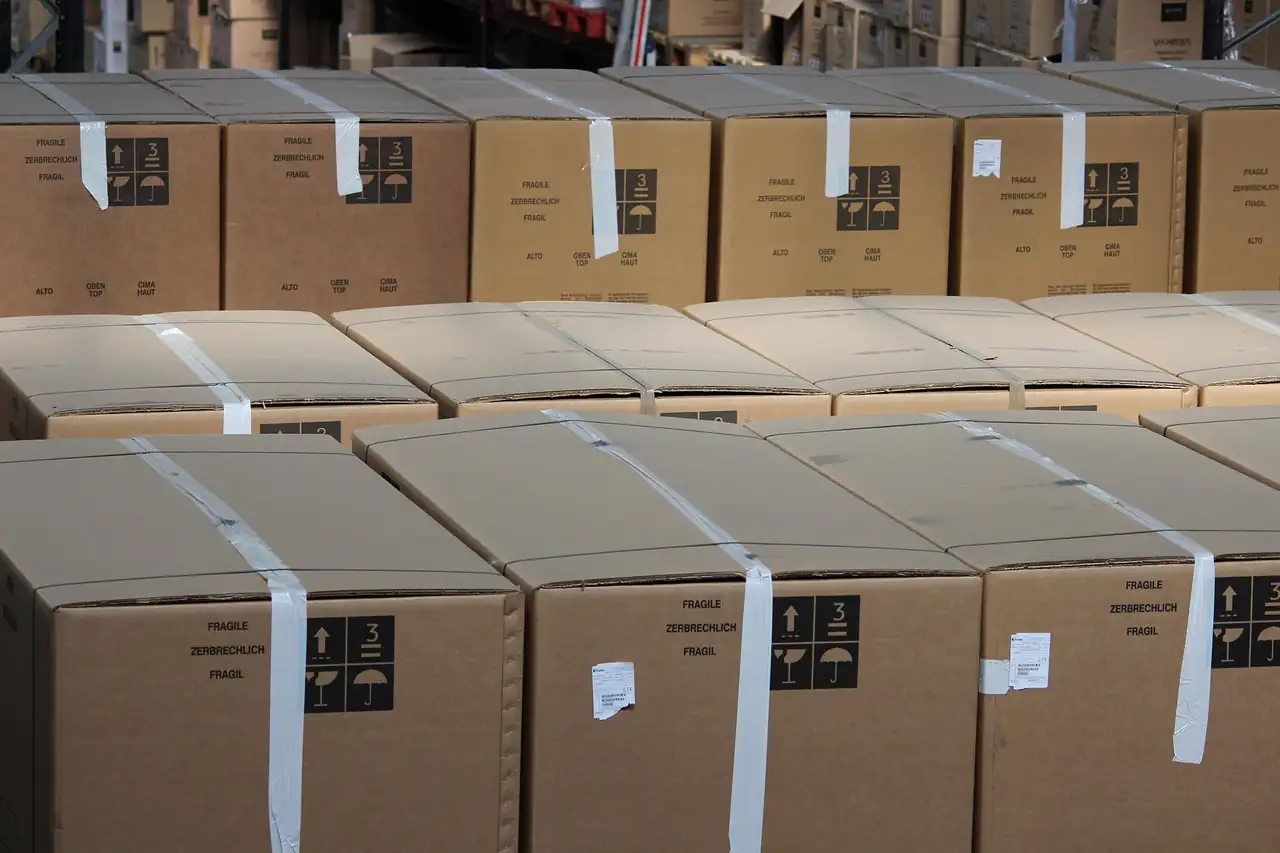 Stacked sealed cardboard cartons ready for shipment