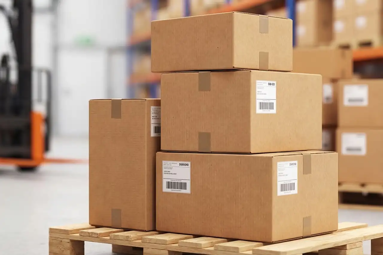 Labelled cartons stacked on a pallet in a warehouse